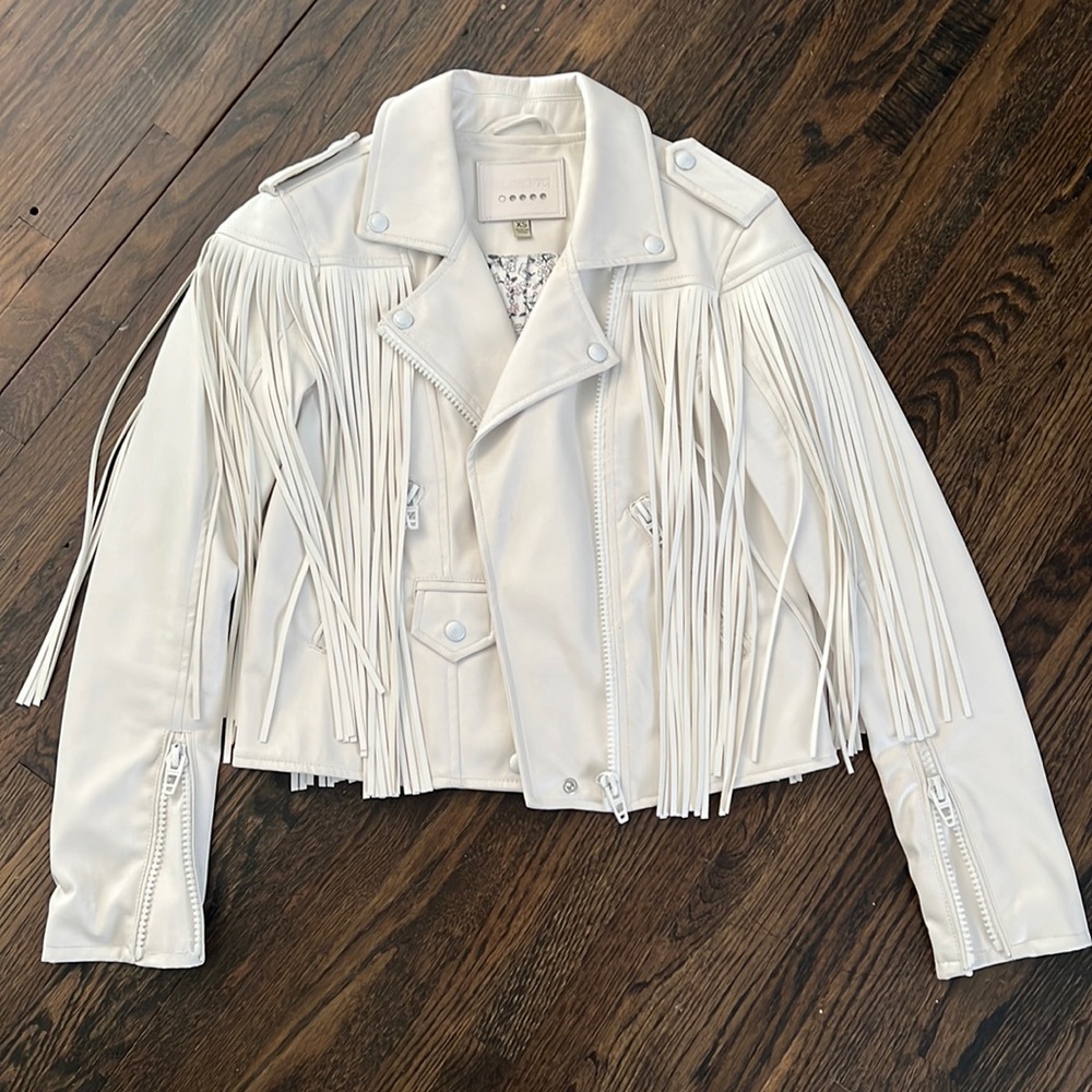 BLANK NYC Solid White Fringe Leather Jacket